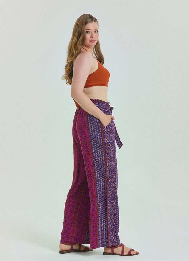 Purple Women's Plus Size Trousers with Elastic Waist Belt Detail 4618